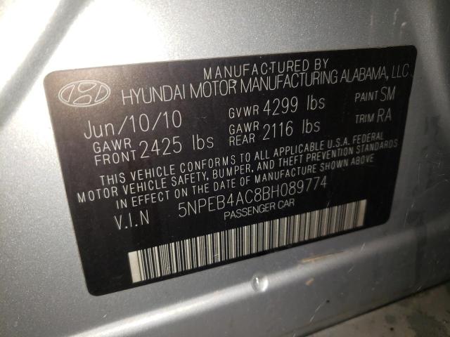 5NPEB4AC8BH089774 - 2011 HYUNDAI SONATA GLS SILVER photo 10