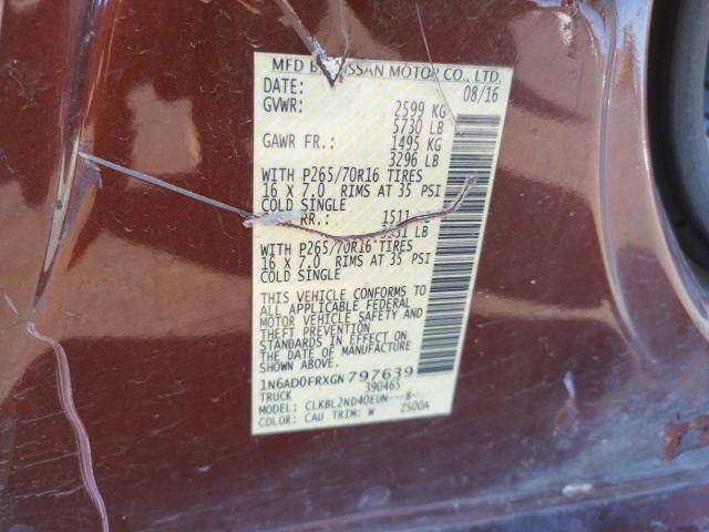 1N6AD0FRXGN797639 - 2016 NISSAN FRONTIER BROWN photo 10