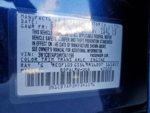 3N1CB7AP3HY341196 - 2017 NISSAN SENTRA SR BLUE photo 10