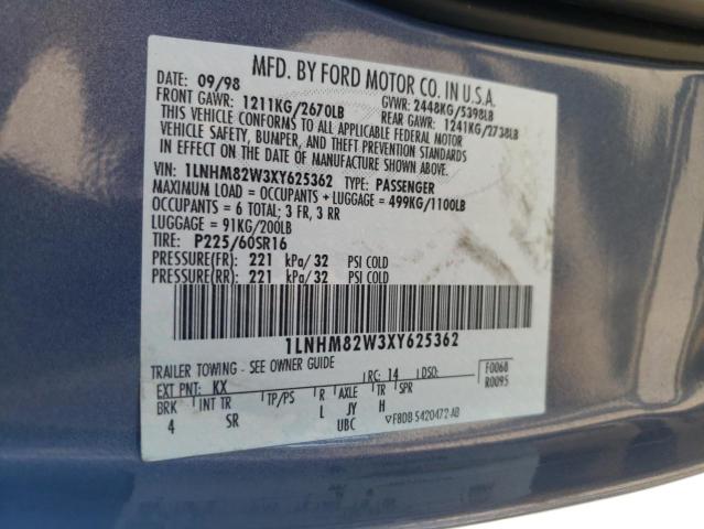 1LNHM82W3XY625362 - 1999 LINCOLN TOWN CAR S BLUE photo 10