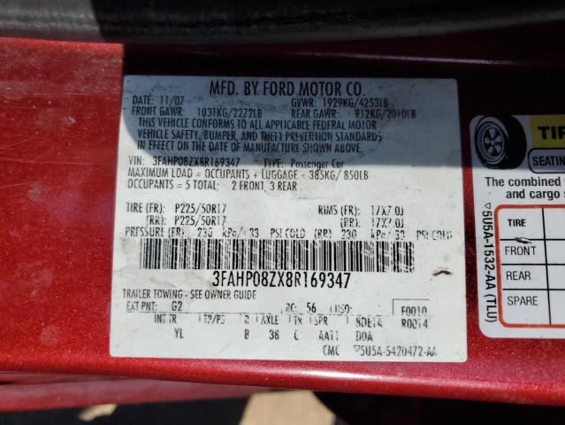 3FAHP08ZX8R169347 - 2008 FORD FUSION SEL RED photo 10