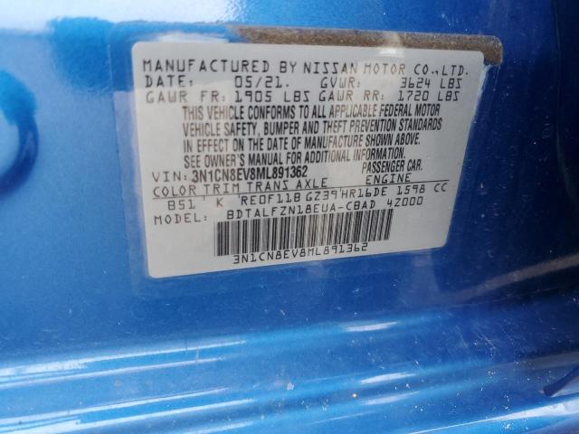 3N1CN8EV8ML891362 - 2021 NISSAN VERSA SV BLUE photo 10