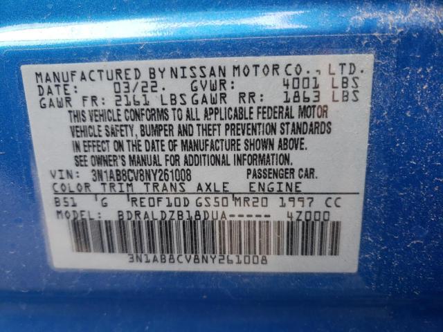 3N1AB8CV8NY261008 - 2022 NISSAN SENTRA SV BLUE photo 10