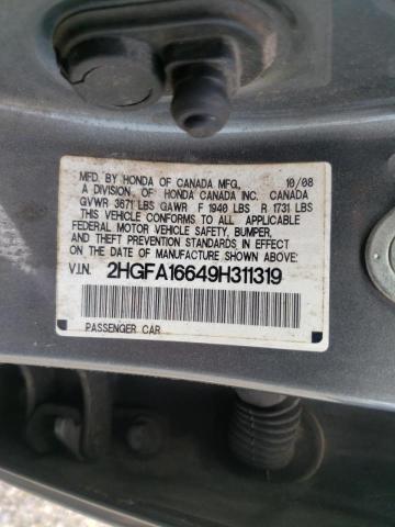 2HGFA16649H311319 - 2009 HONDA CIVIC LX-S Сұр фото 10