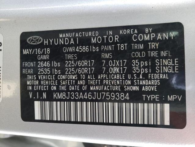 KM8J33A46JU759384 - 2018 HYUNDAI TUCSON SEL SILVER photo 10