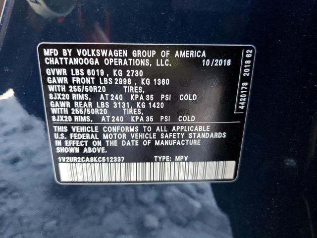 1V2UR2CA8KC512337 - 2019 VOLKSWAGEN ATLAS SE BLUE photo 10