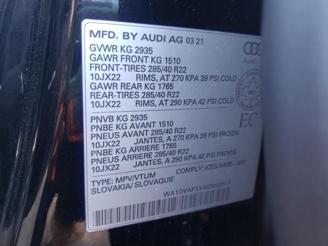 WA1DVAF1XMD032911 - 2021 AUDI Q8 PROGRES BLACK photo 10