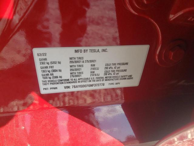 7SAYGDEF6NF372778 - 2022 TESLA MODEL Y أحمر صورة 10