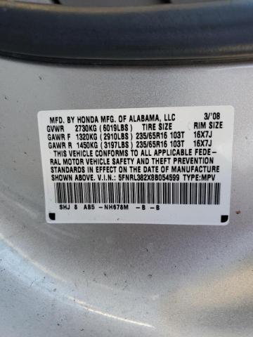 5FNRL382X8B054599 - 2008 HONDA ODYSSEY LX SILVER photo 10