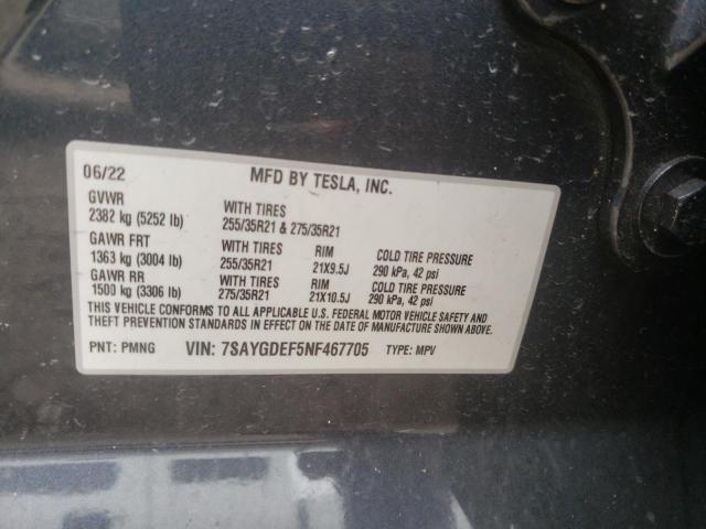 7SAYGDEF5NF467705 - 2022 TESLA MODEL Y GRAY photo 10