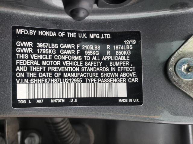 SHHFK7H87LU212955 - 2020 HONDA CIVIC EXL Сұр фото 10