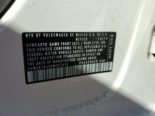 3VW2K7AJ2DM387038 - 2013 VOLKSWAGEN JETTA BASE WHITE photo 10