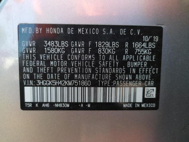 3HGGK5H42KM751860 - 2019 HONDA FIT LX Argent photo 13