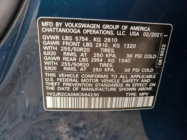 1V2JR2CA0MC564230 - 2021 VOLKSWAGEN ATLAS SE BLUE photo 10