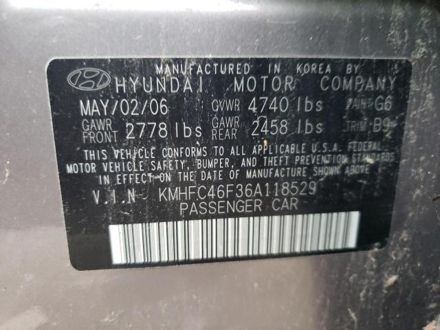 KMHFC46F36A118529 - 2006 HYUNDAI AZERA SE GRAY photo 10