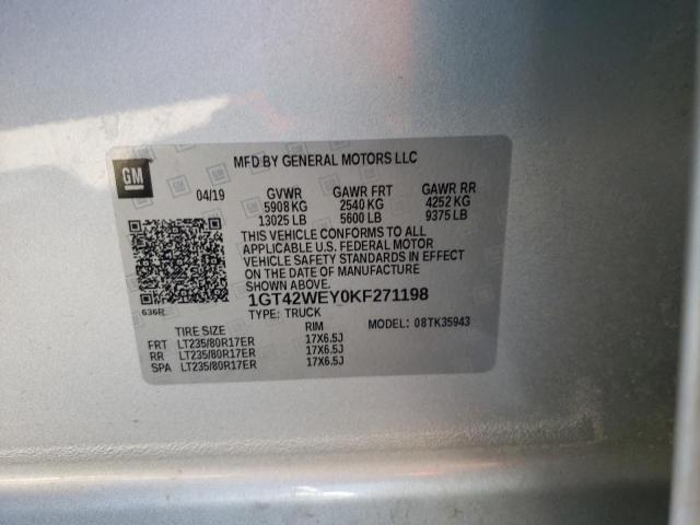 1GT42WEY0KF271198 - 2019 GMC SIERRA K35 SILVER photo 10