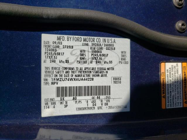 1FMZU74WX4UA44228 - 2004 FORD EXPLORER E BLUE photo 10