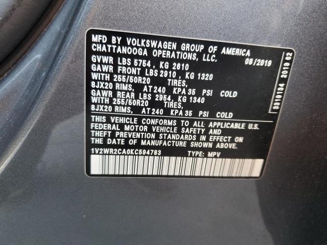 1V2WR2CA0KC594783 - 2019 VOLKSWAGEN ATLAS SE GRAY photo 10