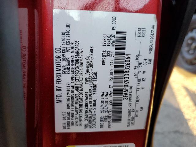 3FA6P0K93DR326064 - 2013 FORD FUSION TIT RED photo 10