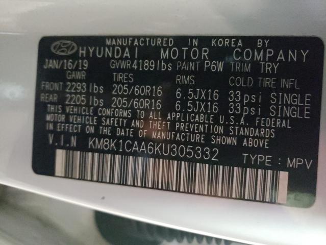 KM8K1CAA6KU305332 - 2019 HYUNDAI KONA SE WHITE photo 10