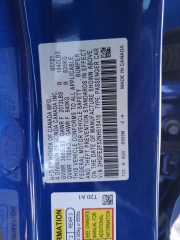 2HGFE2F52NH515418 - 2022 HONDA CIVIC SPOR BLUE photo 10