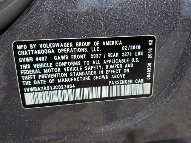 1VWBA7A31JC027664 - 2018 VOLKSWAGEN PASSAT SE GRAY photo 10