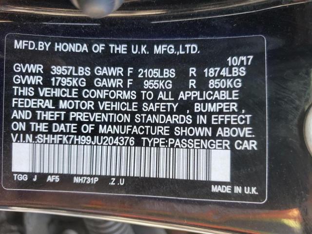 SHHFK7H99JU204376 - 2018 HONDA CIVIC SPOR 黑色 照片 10