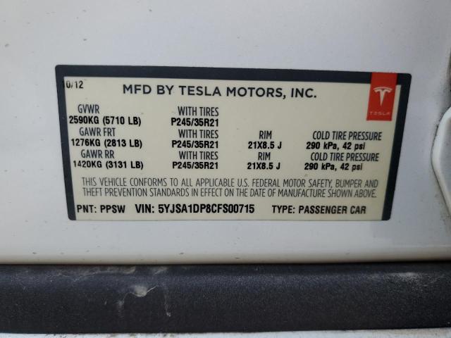 5YJSA1DP8CFS00715 - 2012 TESLA MODEL S Սպիտակ լուսանկար 10