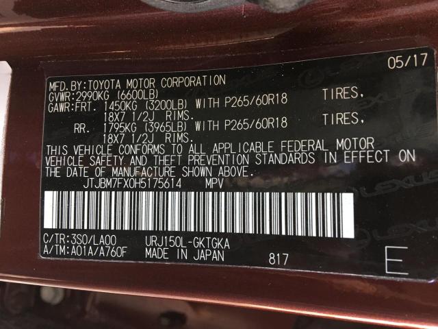 JTJBM7FX0H5175614 - 2017 LEXUS GX 460 BURGUNDY photo 10