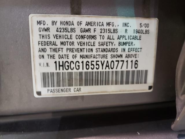 1HGCG1655YA077116 - 2000 HONDA ACCORD EX SILVER photo 10