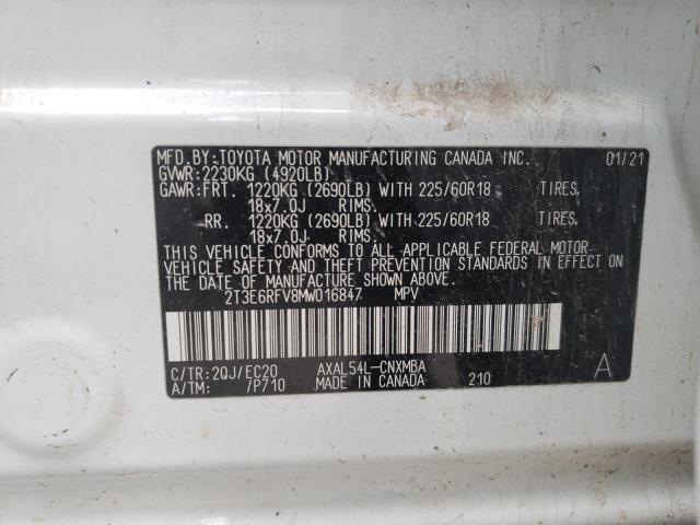 2T3E6RFV8MW016847 - 2021 TOYOTA RAV4 XSE WHITE photo 10