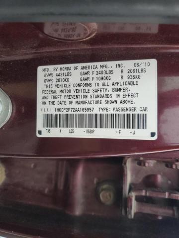 1HGCP2F72AA165957 - 2010 HONDA ACCORD EX BURGUNDY photo 10