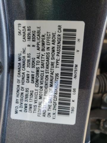 2HGFC2F83KH557236 - 2019 HONDA CIVIC SPOR GRAY photo 10