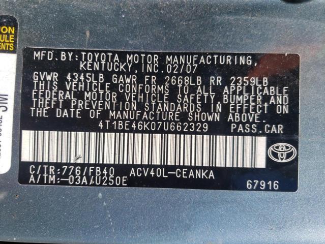 4T1BE46K07U662329 - 2007 TOYOTA CAMRY CE TEAL photo 10