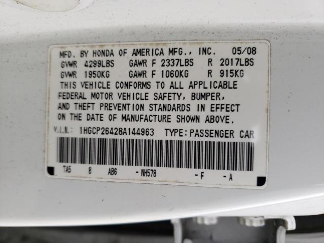 1HGCP26428A144963 - 2008 HONDA ACCORD LXP WHITE photo 10