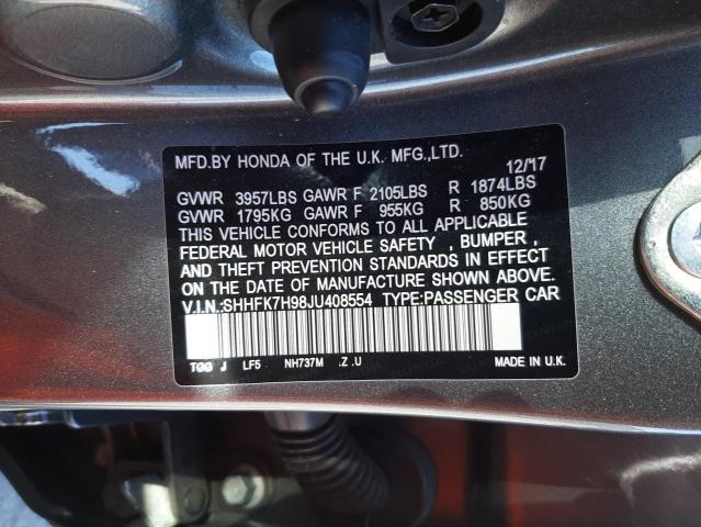 SHHFK7H98JU408554 - 2018 HONDA CIVIC SPOR 灰色 照片 10