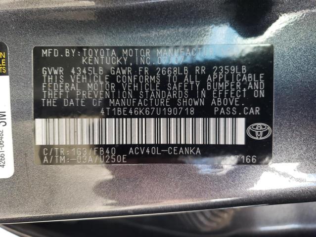 4T1BE46K67U190718 - 2007 TOYOTA CAMRY CE GRAY photo 10