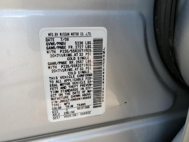 JN8AZ18W99W146968 - 2009 NISSAN MURANO S/M SILVER photo 10