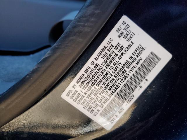 5FNRL3H43AB112365 - 2010 HONDA ODYSSEY EX BLUE photo 10