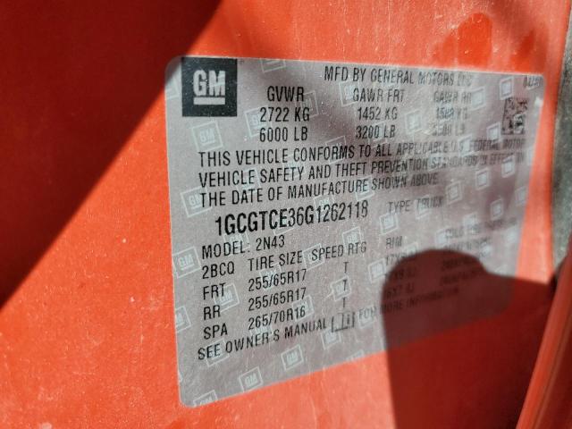1GCGTCE36G1262118 - 2016 CHEVROLET COLORADO L ORANGE photo 10
