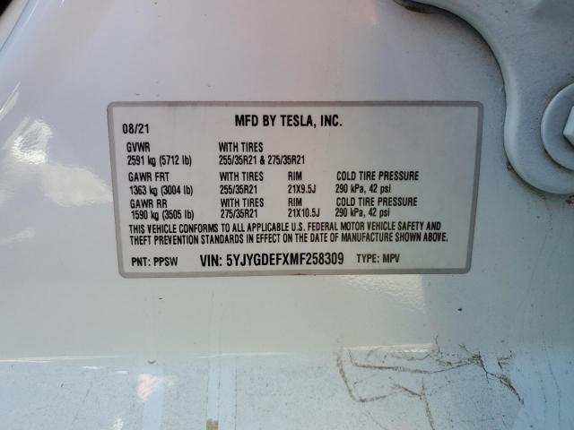 5YJYGDEFXMF258309 - 2021 TESLA MODEL Y Blanc photo 10