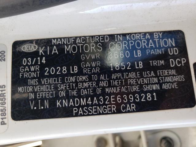 KNADM4A32E6393281 - 2014 KIA RIO LX WHITE photo 10