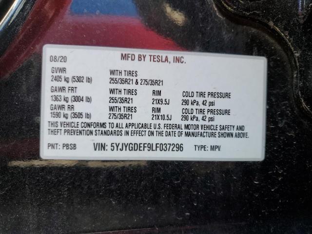 5YJYGDEF9LF037296 - 2020 TESLA MODEL Y أسود صورة 10