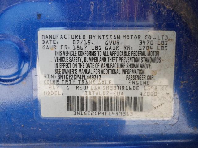 3N1CE2CP4FL449313 - 2015 NISSAN VERSA NOTE BLUE photo 10