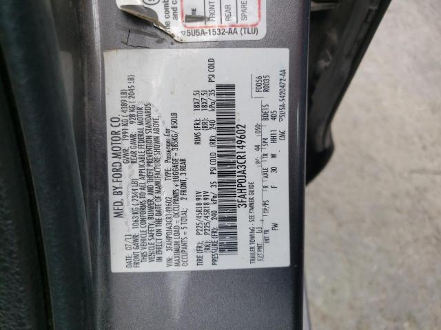 3FAHP0JA3CR149602 - 2012 FORD FUSION SEL GRAY photo 10