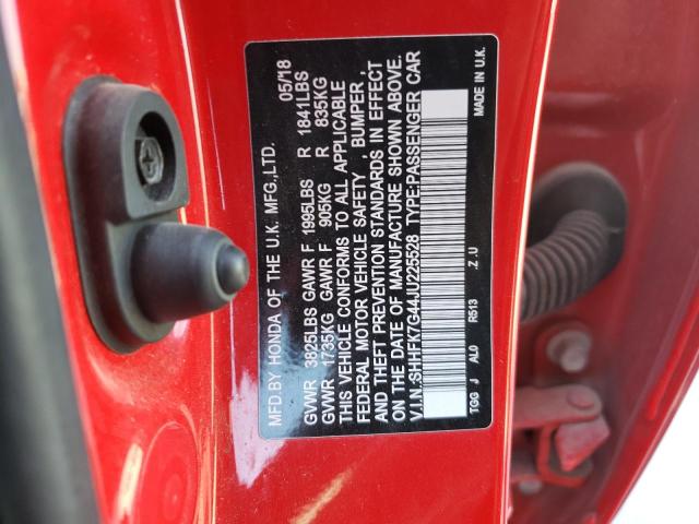 SHHFK7G44JU225528 - 2018 HONDA CIVIC SPOR 红色 照片 10