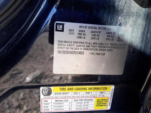 1G1ZC5E00CF214839 - 2012 CHEVROLET MALIBU 1LT 黑色 照片 10