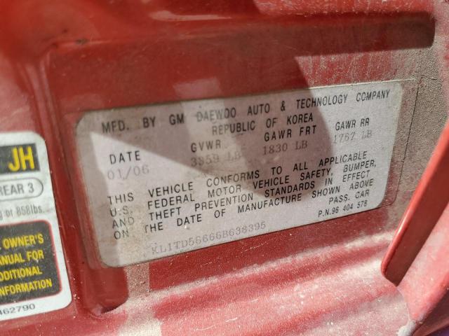 KL1TD56666B638395 - 2006 CHEVROLET AVEO BASE RED photo 10