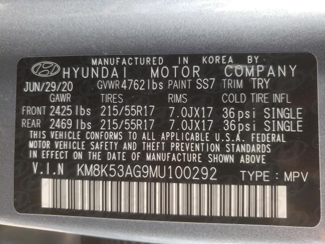 KM8K53AG9MU100292 - 2021 HYUNDAI KONA ULTIM GRAY photo 10