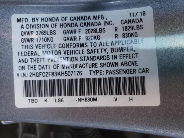 2HGFC2F83KH507176 - 2019 HONDA CIVIC SPOR 银色 照片 10